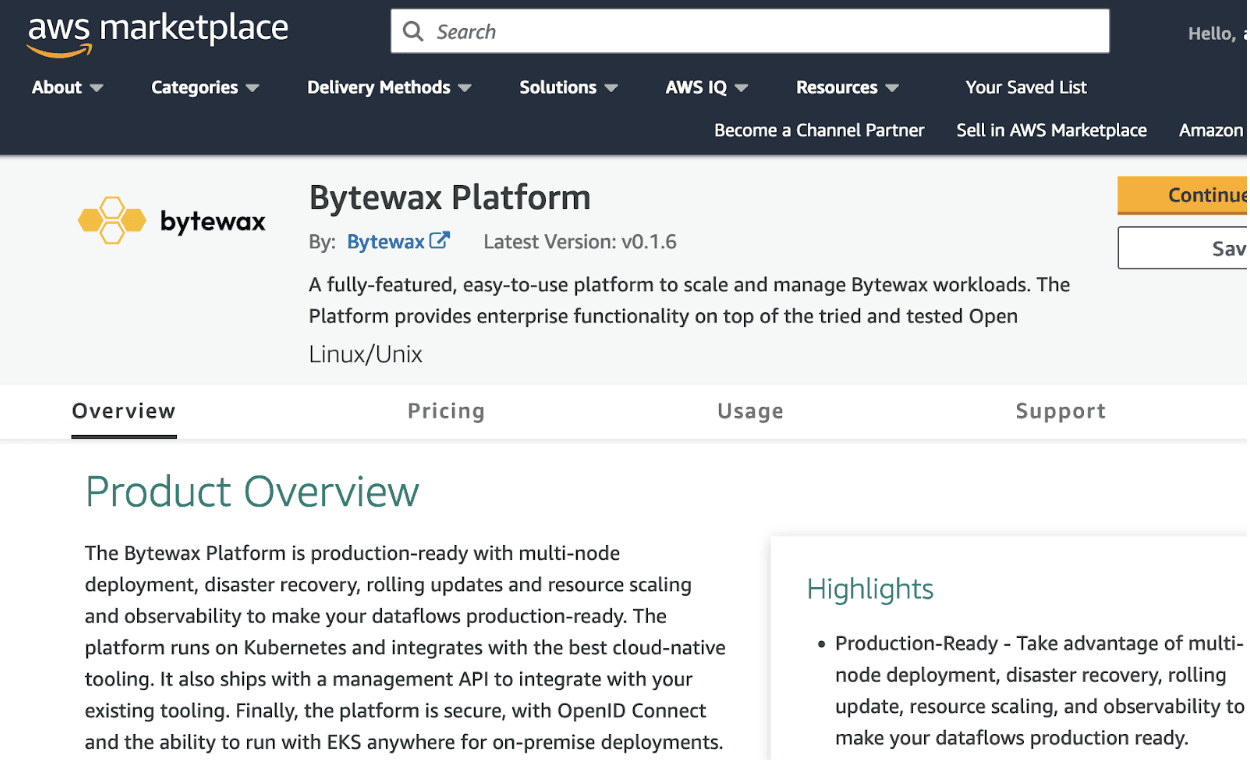 Bytewax Platform on AWS Marketplace